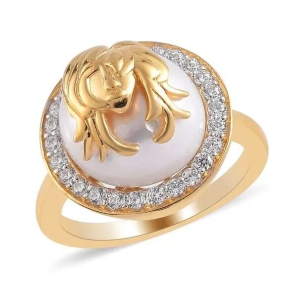 Freshwater Pearl and Simulated Diamond Virgo Zodiac Ring in 18K YG Plated Size 6 - Picture 1 of 6